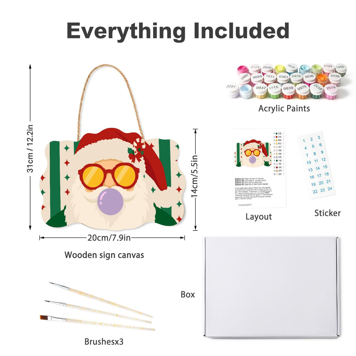 Purple Bubble Santa in Gold Shades paint by numbers hanging sign – what's in the kit: the wooden sign, rope hanger, numbered paints and brushes