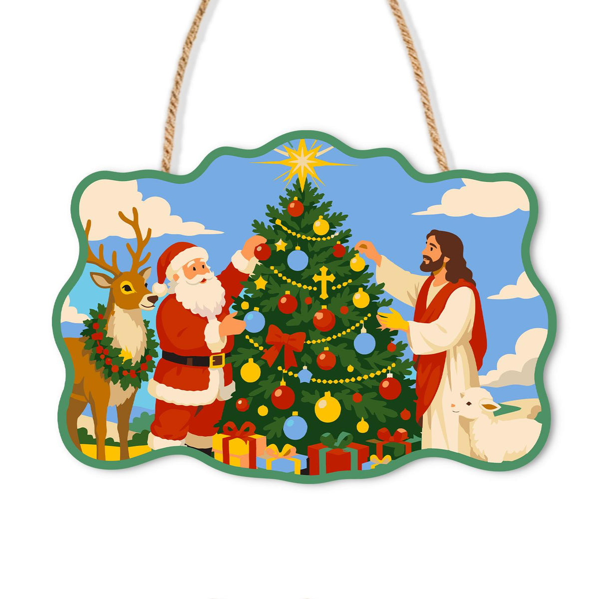 Santa and Jesus Trim the Tree paint by numbers hanging sign – Santa and Jesus decorating a starred Christmas tree, with a wreathed reindeer and a lamb under blue sky, on a wooden sign with a rope hanger
