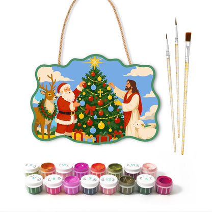 Santa and Jesus Trim the Tree paint by numbers hanging sign – image 2