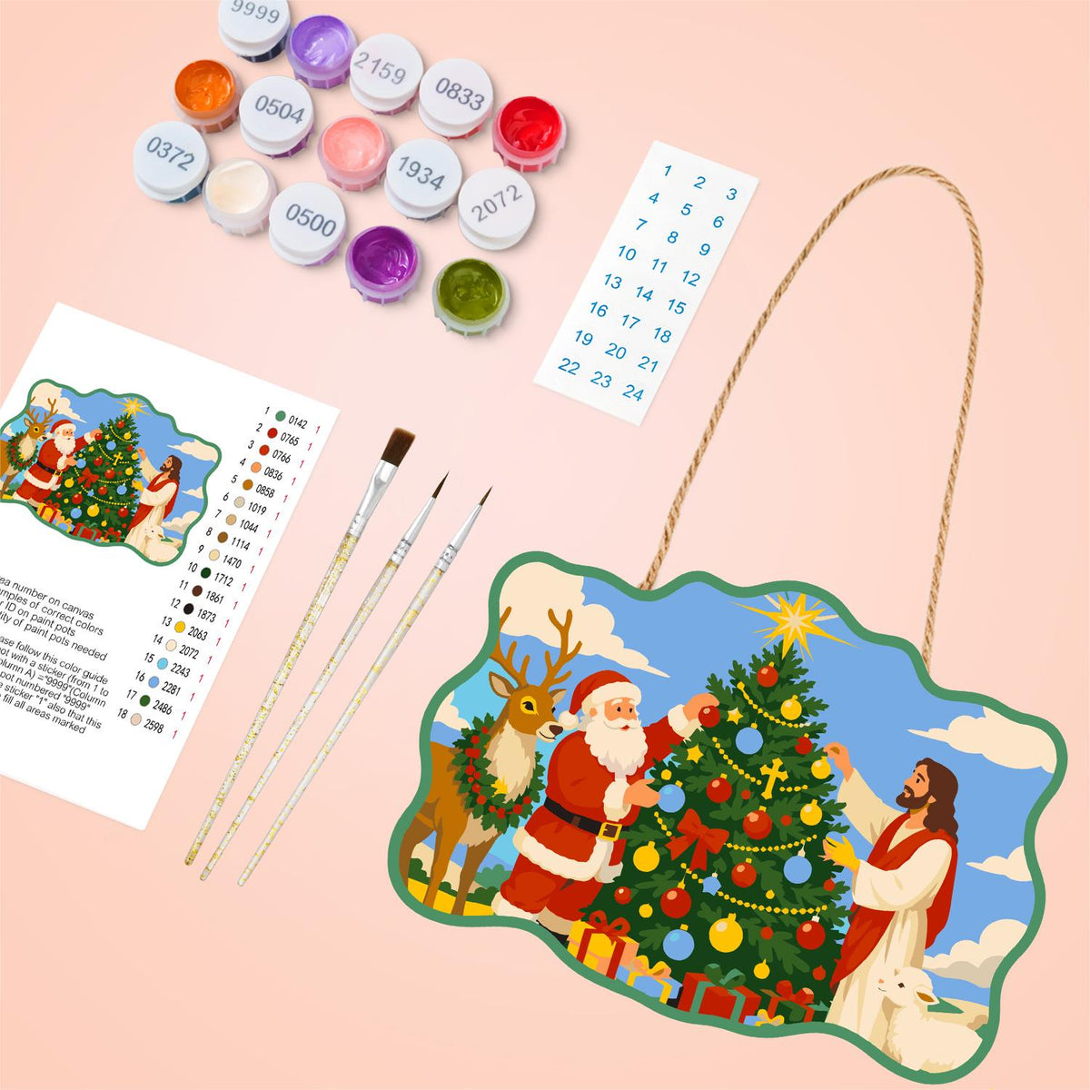 Santa and Jesus Trim the Tree paint by numbers hanging sign – image 4