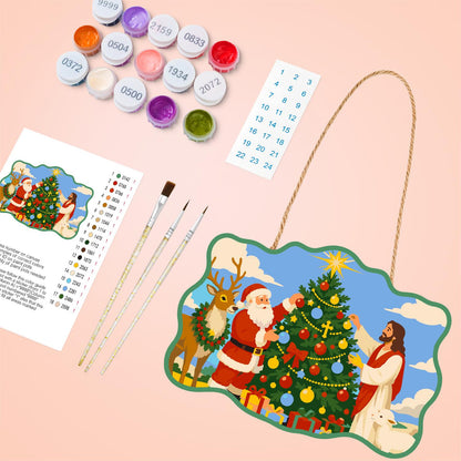 Santa and Jesus Trim the Tree paint by numbers hanging sign – image 4