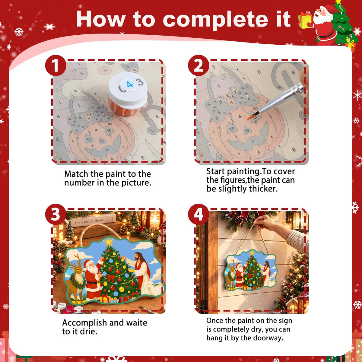 Santa and Jesus Trim the Tree paint by numbers hanging sign – image 6