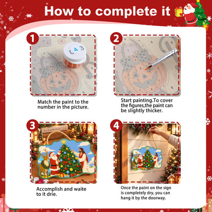 Santa and Jesus Trim the Tree paint by numbers hanging sign – image 6