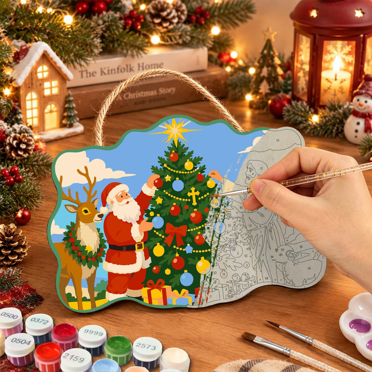 Santa and Jesus Trim the Tree paint by numbers hanging sign – image 7