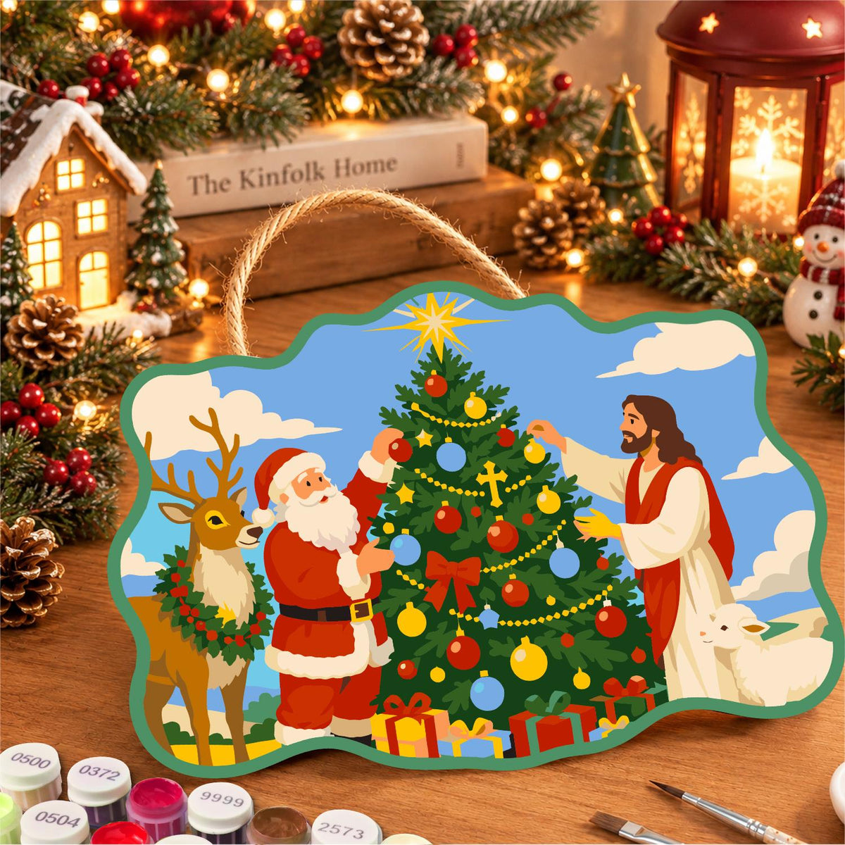 Santa and Jesus Trim the Tree paint by numbers hanging sign – image 8