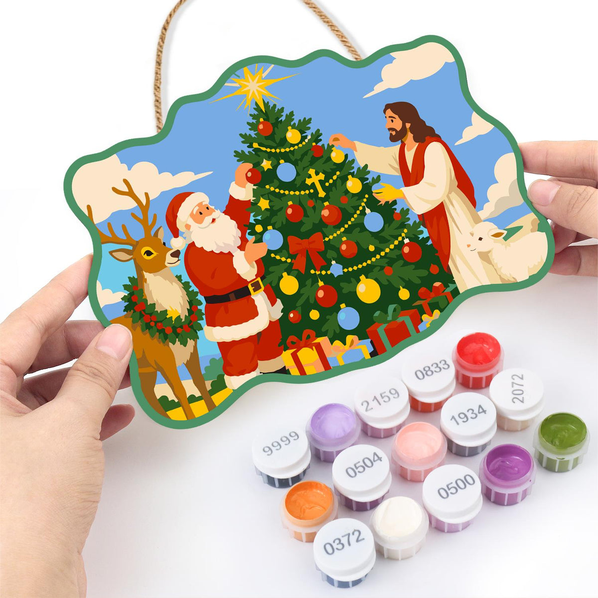 Santa and Jesus Trim the Tree paint by numbers hanging sign – image 9