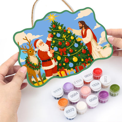Santa and Jesus Trim the Tree paint by numbers hanging sign – image 9