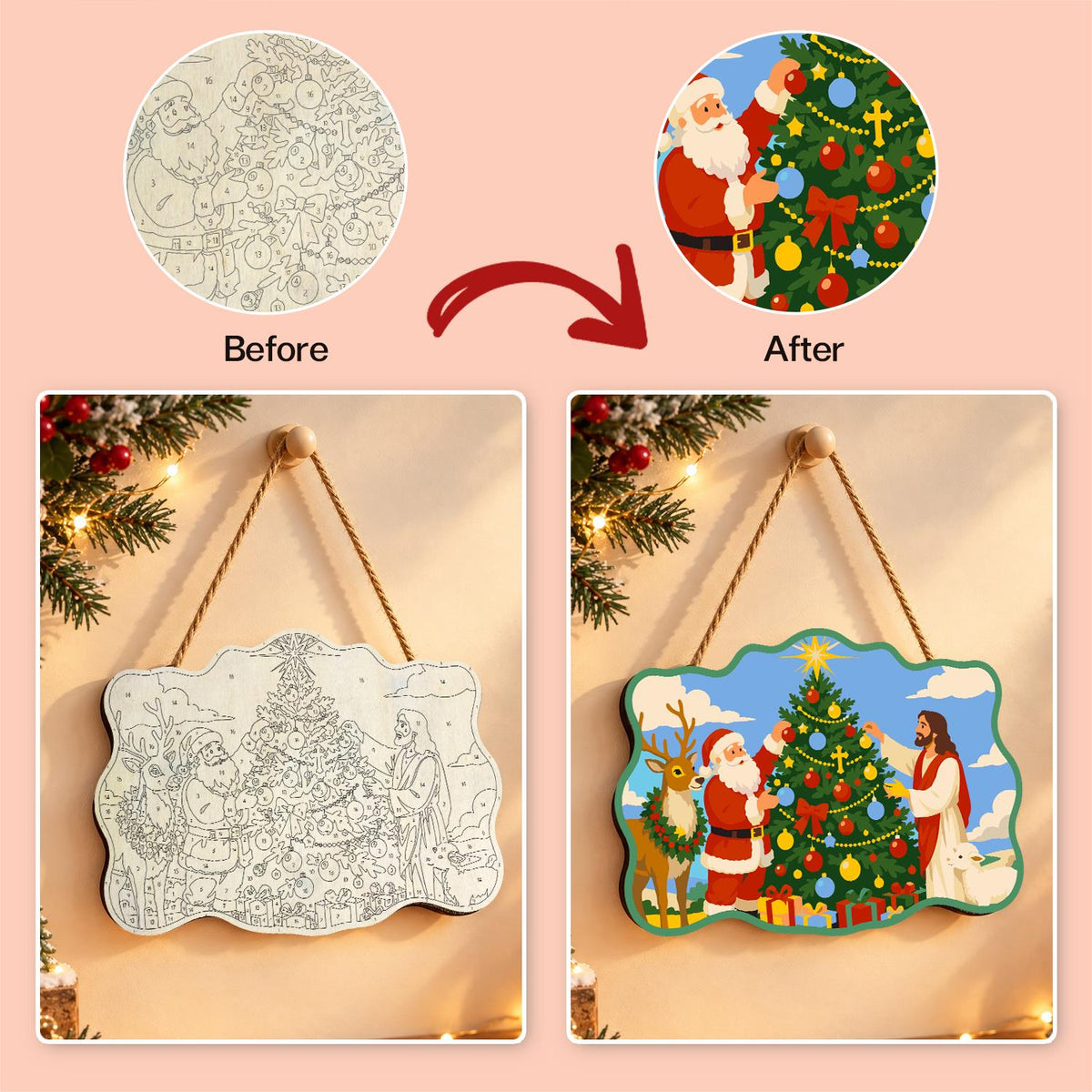 Santa and Jesus Trim the Tree paint by numbers hanging sign – image 10