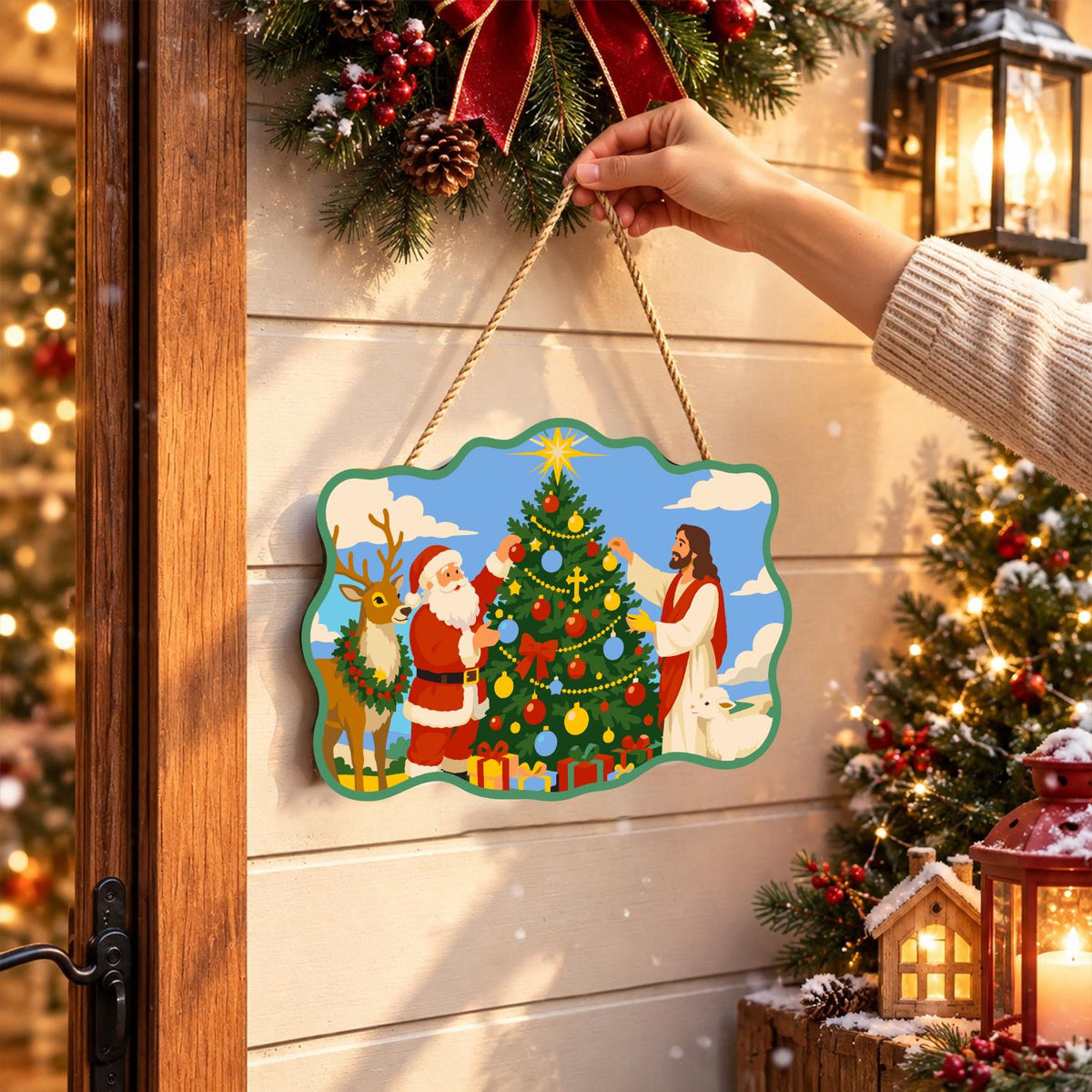 Santa and Jesus Trim the Tree paint by numbers hanging sign – image 14