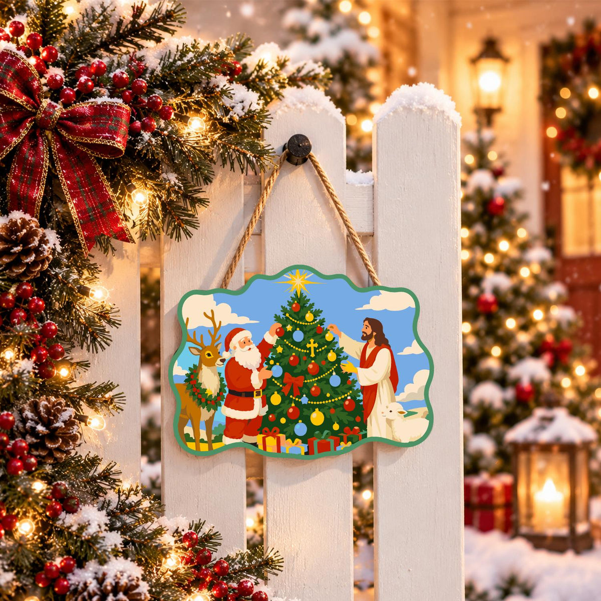 Santa and Jesus Trim the Tree paint by numbers hanging sign – image 15