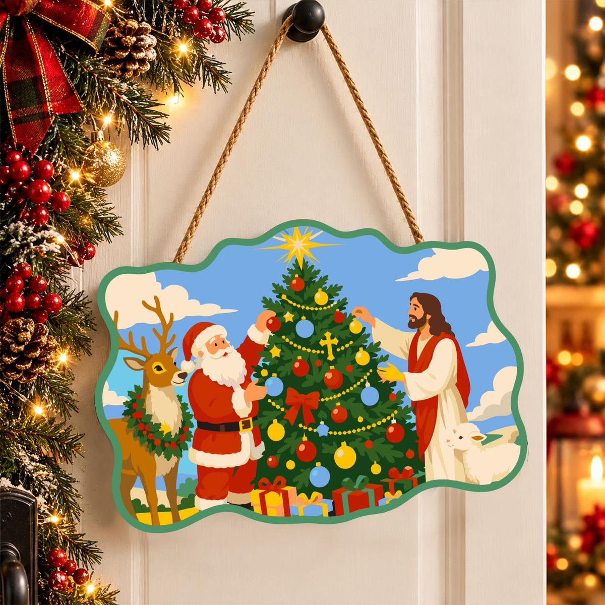 Santa and Jesus Trim the Tree paint by numbers hanging sign – image 16