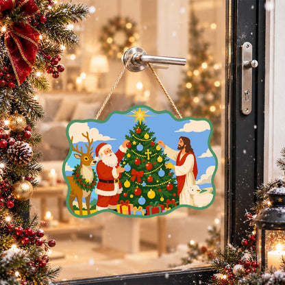 Santa and Jesus Trim the Tree paint by numbers hanging sign – image 17