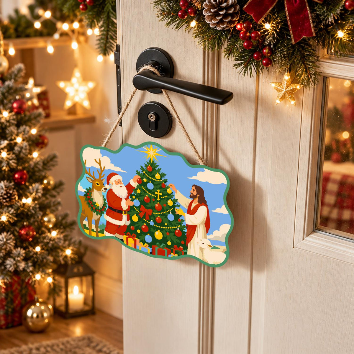 Santa and Jesus Trim the Tree paint by numbers hanging sign – image 18