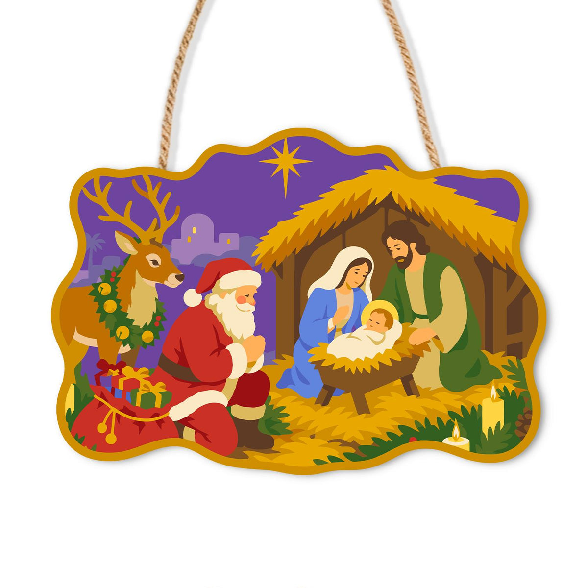 Santa Kneels at the Manger paint by numbers hanging sign – Santa kneeling with gifts at the stable of Mary, Joseph and baby Jesus, a reindeer and star behind, on a wooden sign with a rope hanger