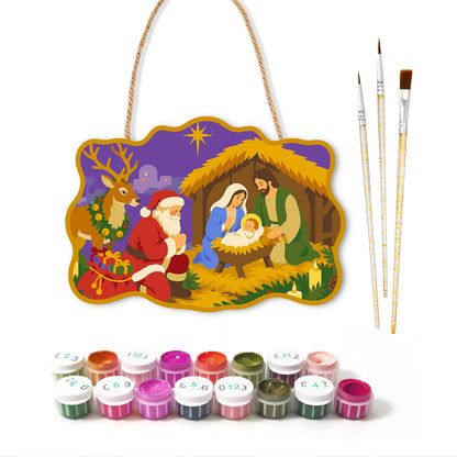 Santa Kneels at the Manger paint by numbers hanging sign – image 2