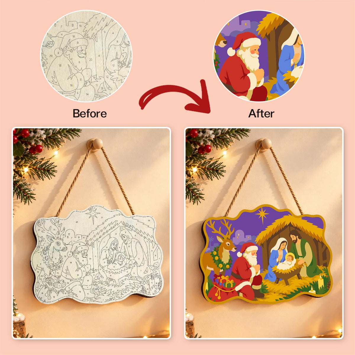 Santa Kneels at the Manger paint by numbers hanging sign – image 10