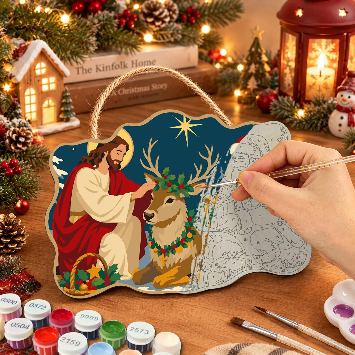 Kneeling by the Resting Reindeer paint by numbers hanging sign – image 7