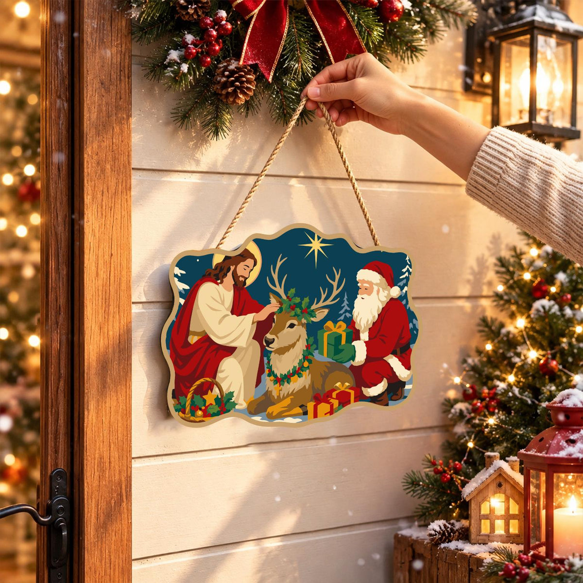 Kneeling by the Resting Reindeer paint by numbers hanging sign – image 14