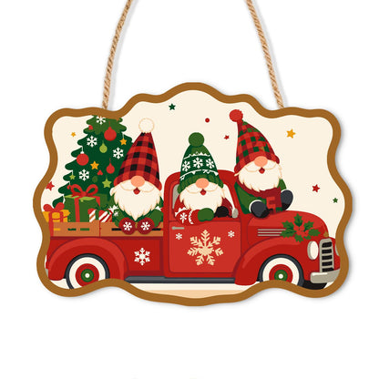Plaid Gnomes in a Red Truck paint by numbers hanging sign – Three bearded gnomes in plaid and green hats riding in a red pickup with a Christmas tree and gifts, on a wooden sign with a rope hanger