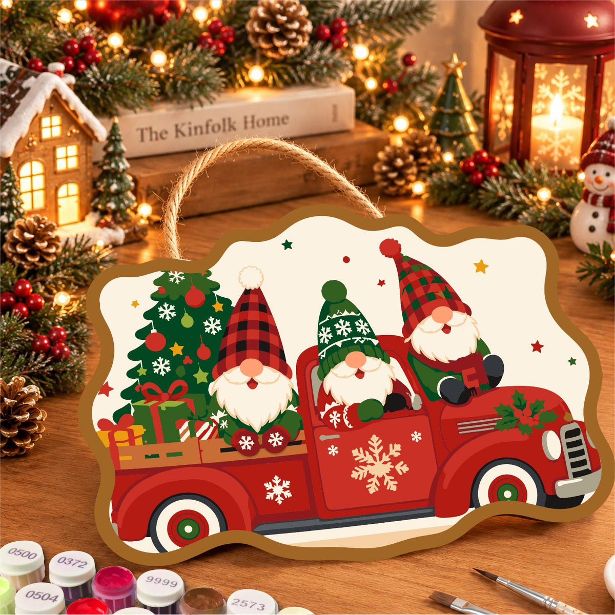 Plaid Gnomes in a Red Truck paint by numbers hanging sign – image 8