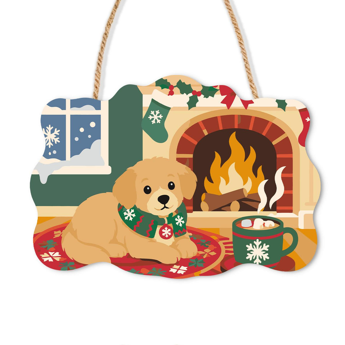 Golden Puppy by the Cocoa Mug paint by numbers hanging sign – Golden puppy in a green scarf lying on a red rug by the fireplace beside a mug of hot cocoa, on a wooden sign with a rope hanger