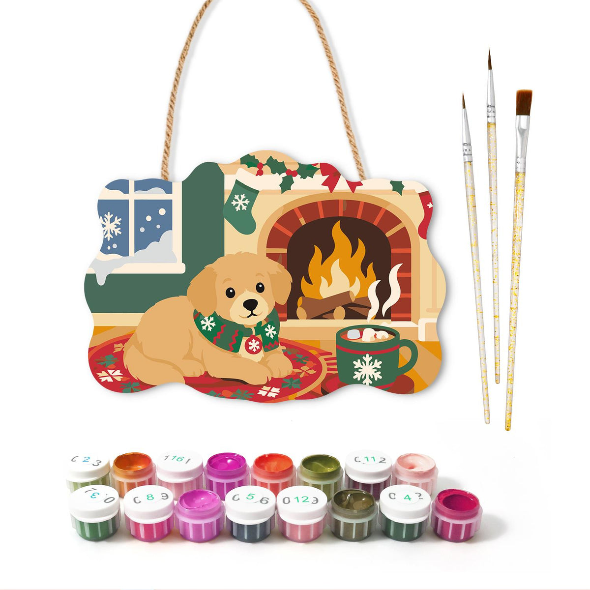 Golden Puppy by the Cocoa Mug paint by numbers hanging sign – image 2