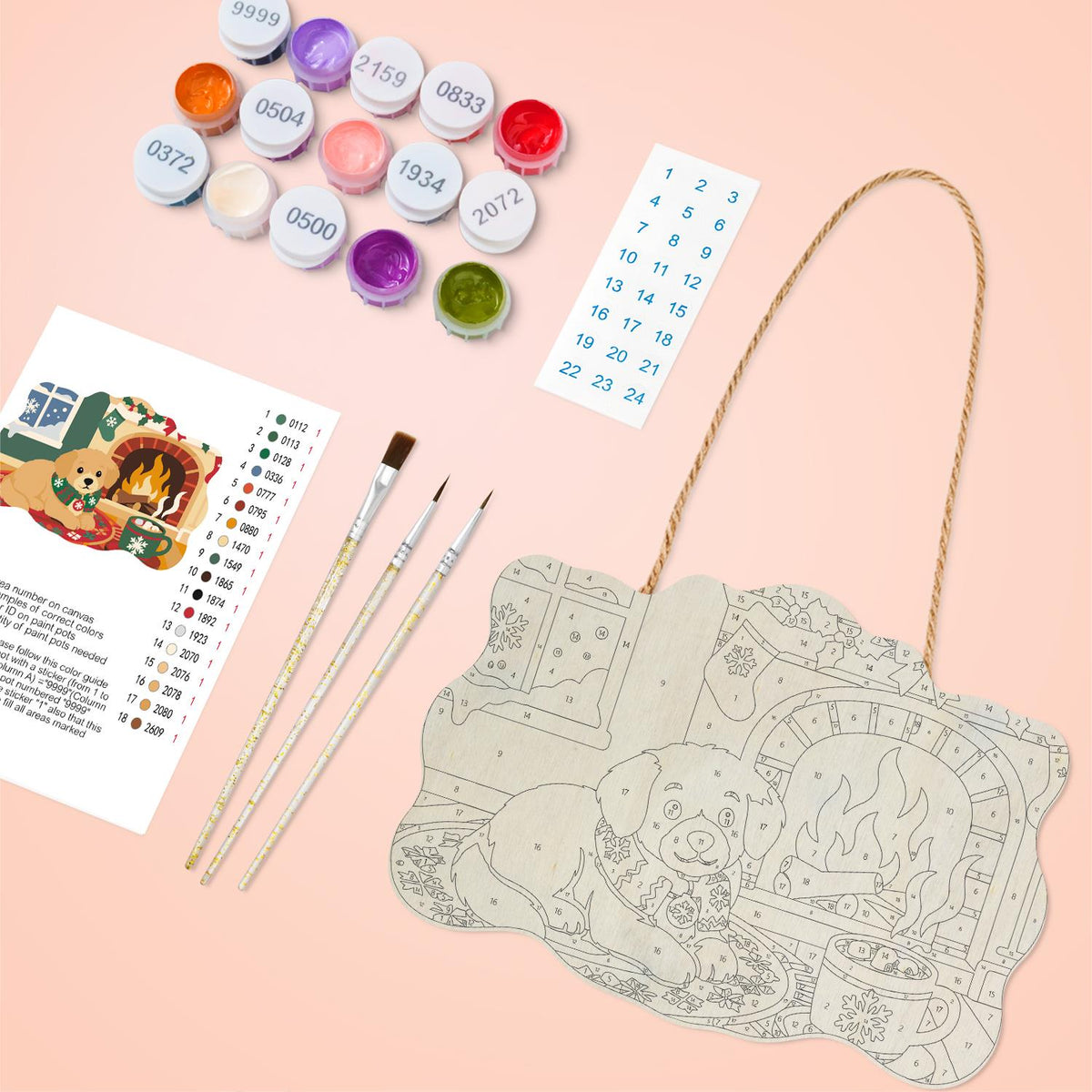 Golden Puppy by the Cocoa Mug paint by numbers hanging sign – image 3