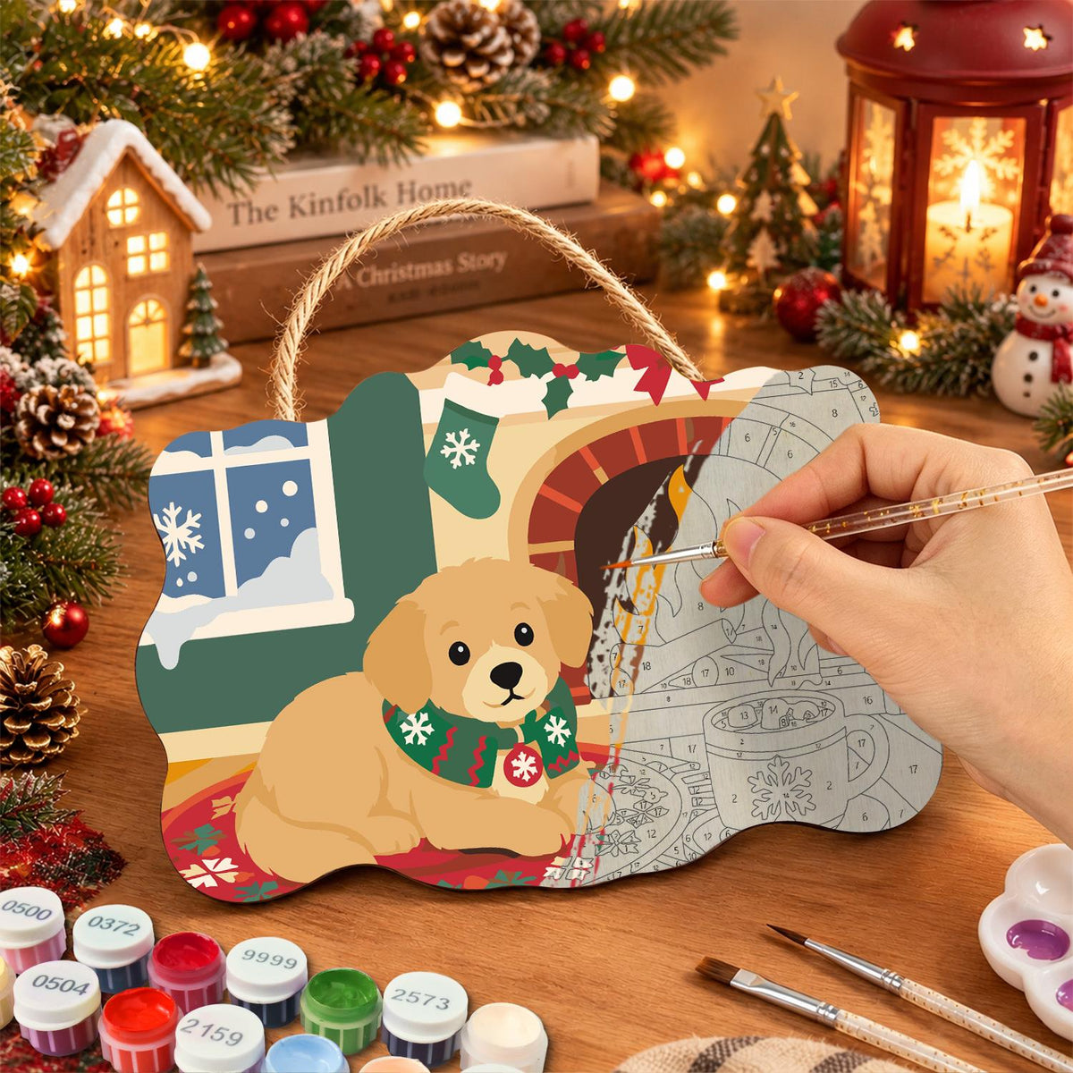 Golden Puppy by the Cocoa Mug paint by numbers hanging sign – image 7