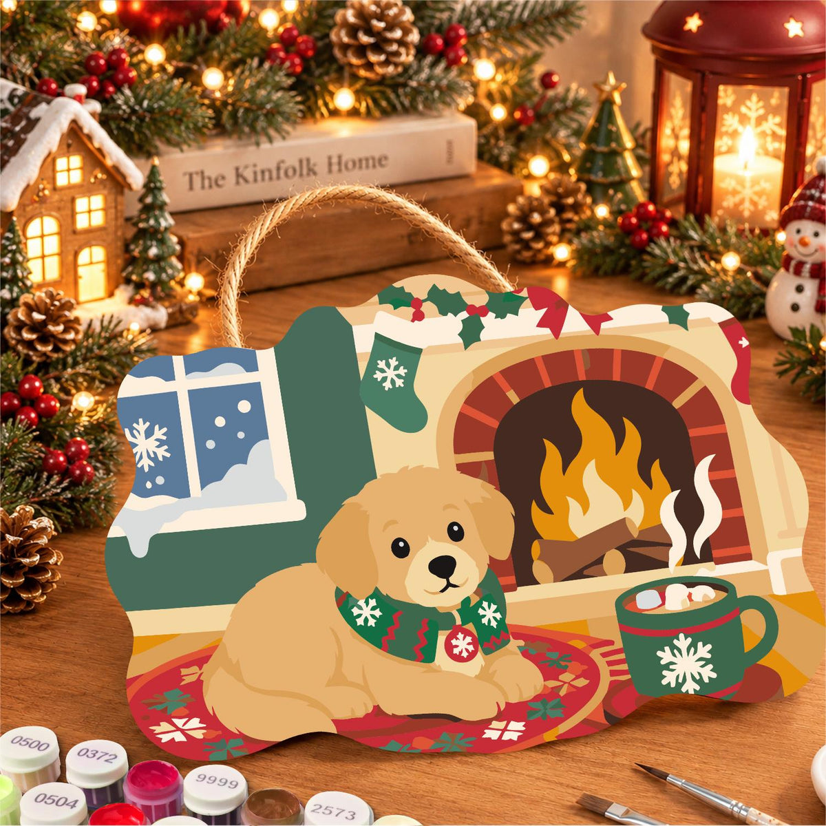 Golden Puppy by the Cocoa Mug paint by numbers hanging sign – image 8