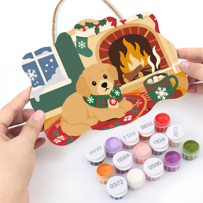 Golden Puppy by the Cocoa Mug paint by numbers hanging sign – image 9
