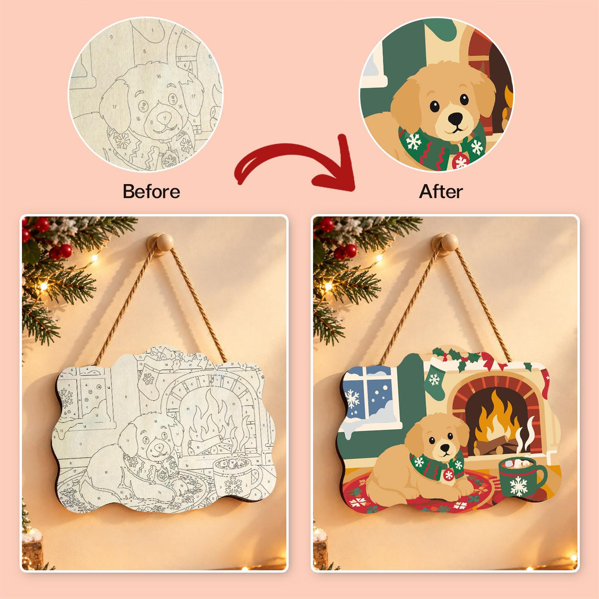 Golden Puppy by the Cocoa Mug paint by numbers hanging sign – image 10