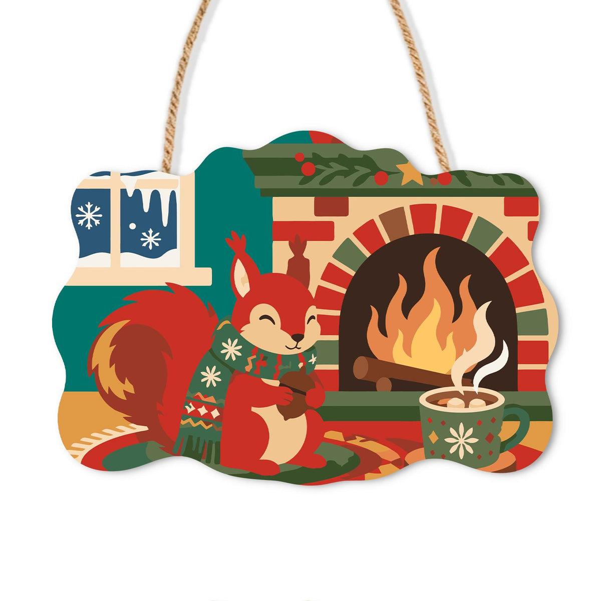 Sweater Squirrel by the Fire paint by numbers hanging sign – Red squirrel in a green Christmas sweater by a roaring brick fireplace with a mug of cocoa, on a wooden sign with a rope hanger