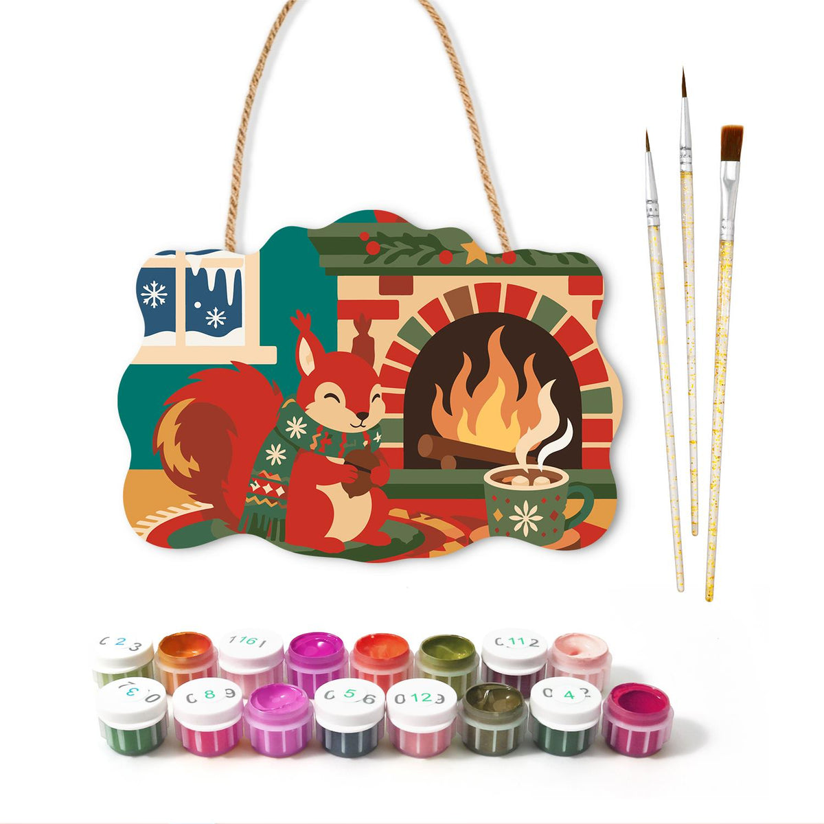 Sweater Squirrel by the Fire paint by numbers hanging sign – image 2