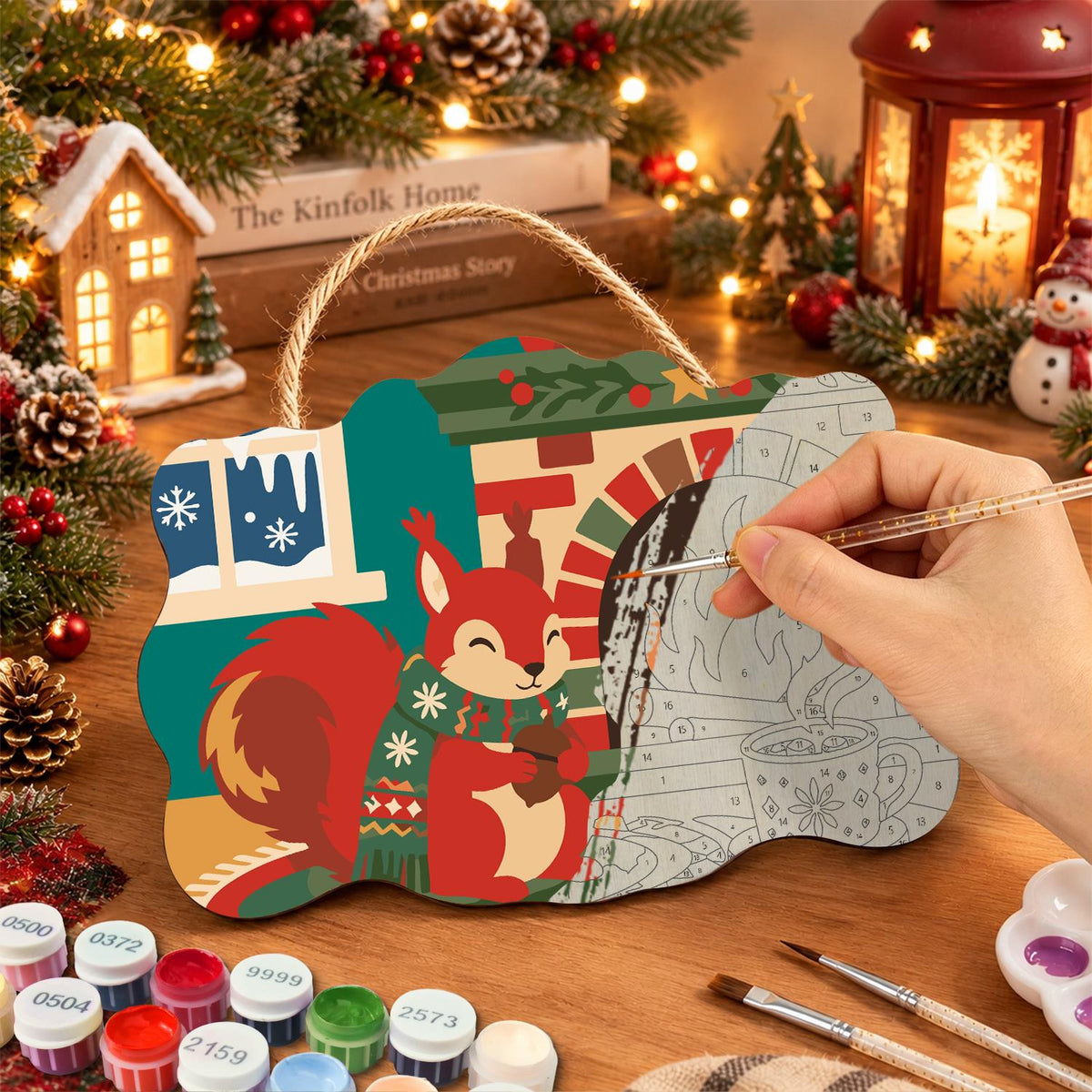 Sweater Squirrel by the Fire paint by numbers hanging sign – image 7