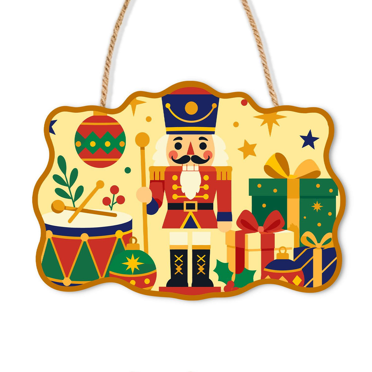 Nutcracker Guard with Gift Pile paint by numbers hanging sign – Nutcracker soldier in a red coat beside a toy drum, a big bauble and wrapped gifts under gold stars, on a wooden sign with a rope hanger