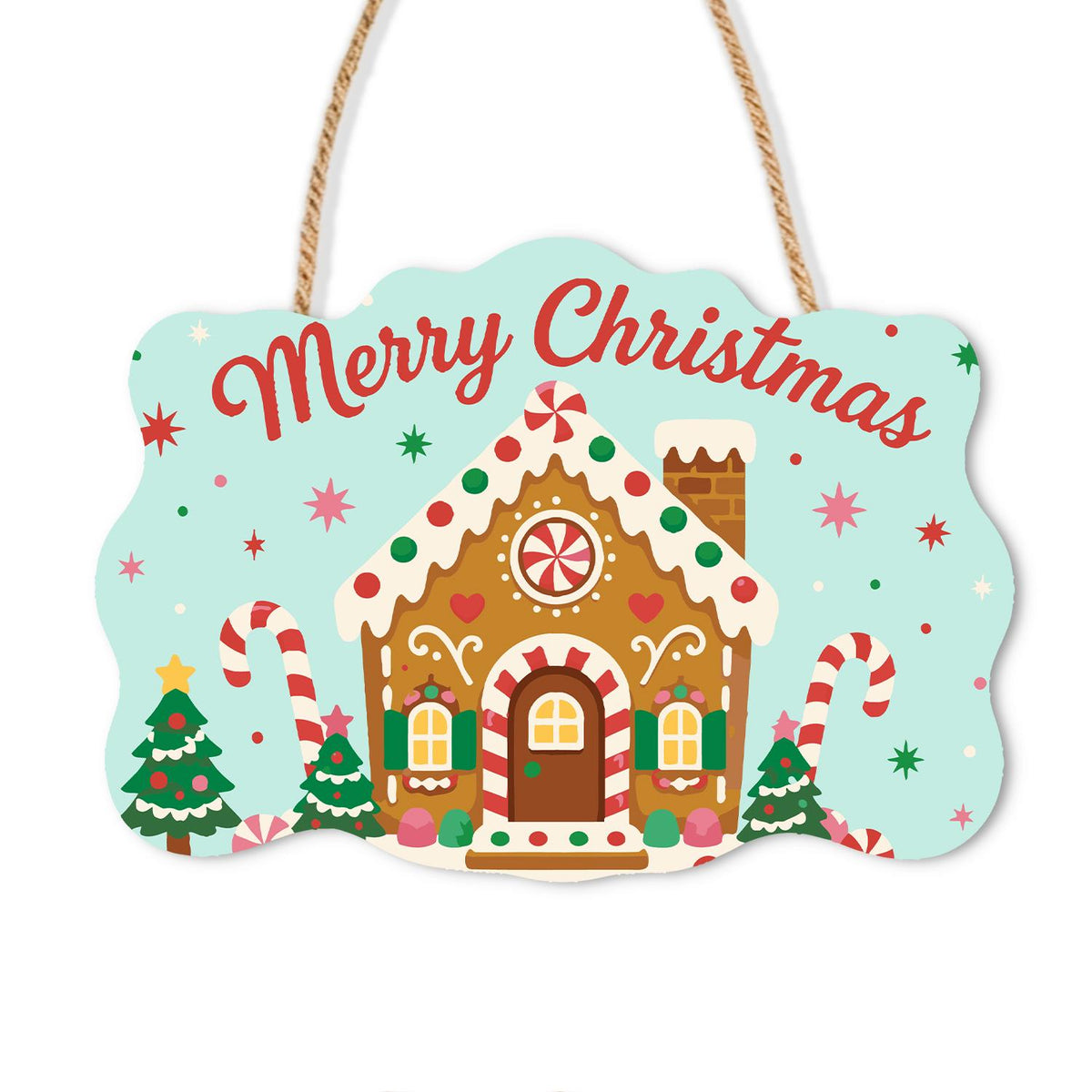 Peppermint Gingerbread House paint by numbers hanging sign – Gingerbread house with a peppermint swirl and candy canes among small trees on mint, with Merry Christmas, on a wooden sign with a rope hanger