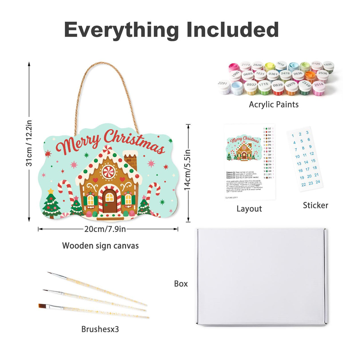 Peppermint Gingerbread House paint by numbers hanging sign – what's in the kit: the wooden sign, rope hanger, numbered paints and brushes