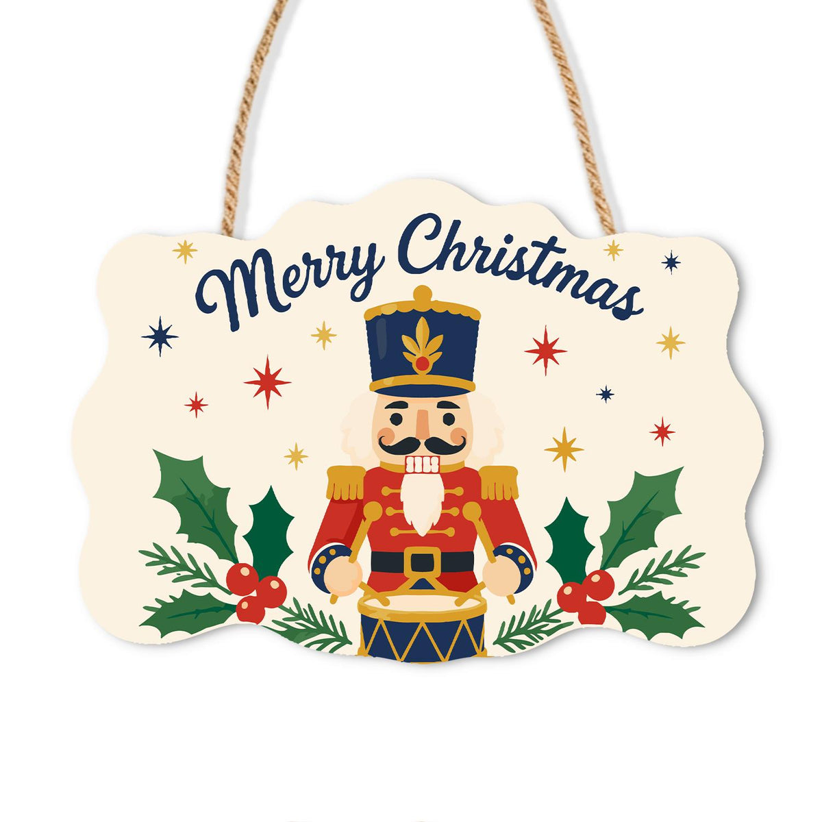 Drumming Nutcracker in Holly paint by numbers hanging sign – Nutcracker in a navy hat and red coat playing a drum between holly sprigs, with Merry Christmas above, on a wooden sign with a rope hanger