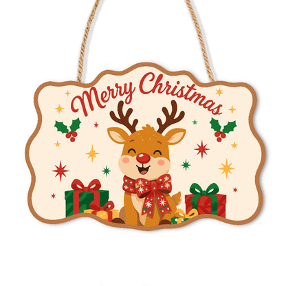 Reindeer with a Big Red Bow paint by numbers hanging sign – Smiling reindeer wearing a big red bow among gifts, holly and stars on cream, with Merry Christmas, on a wooden sign with a rope hanger