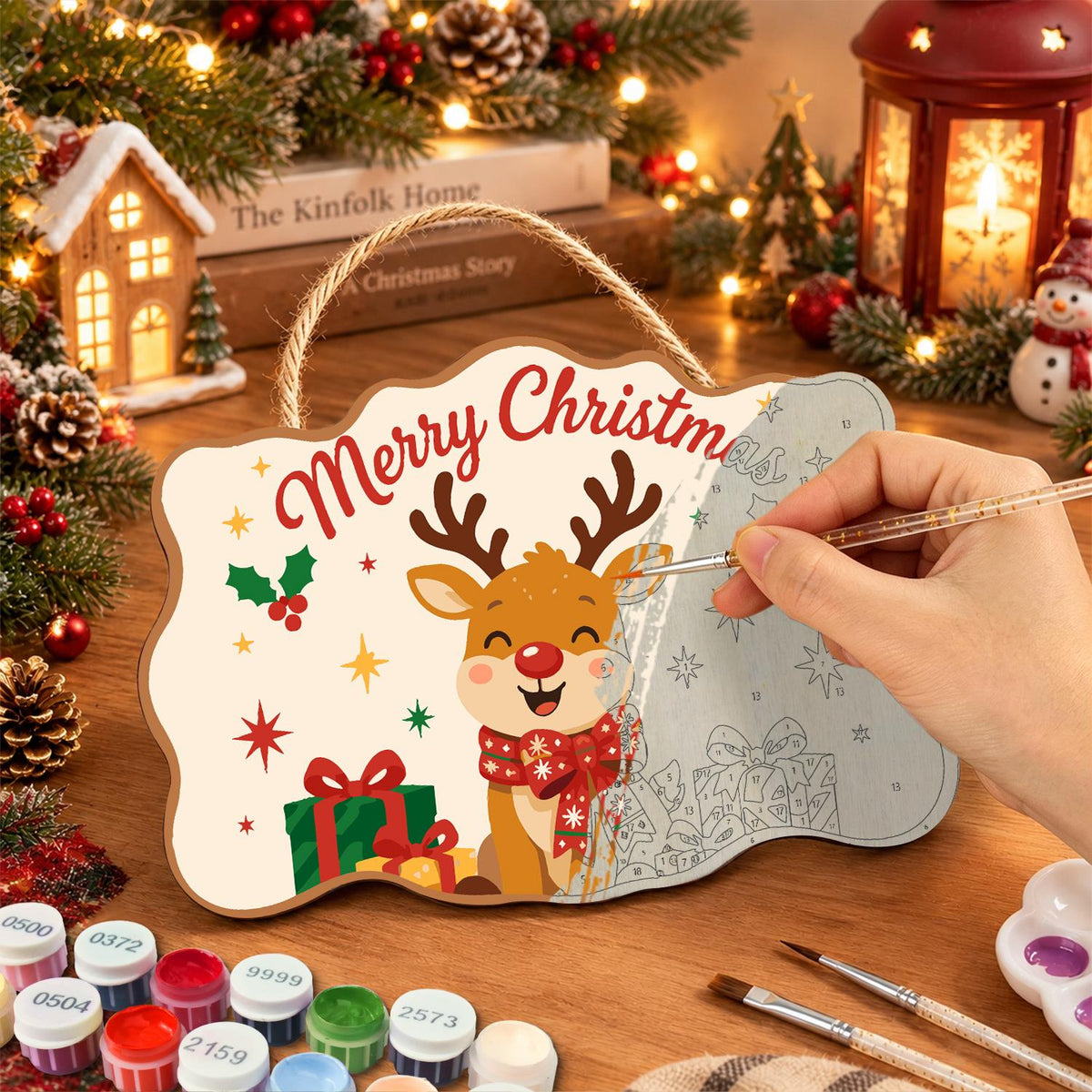 Reindeer with a Big Red Bow paint by numbers hanging sign – image 7