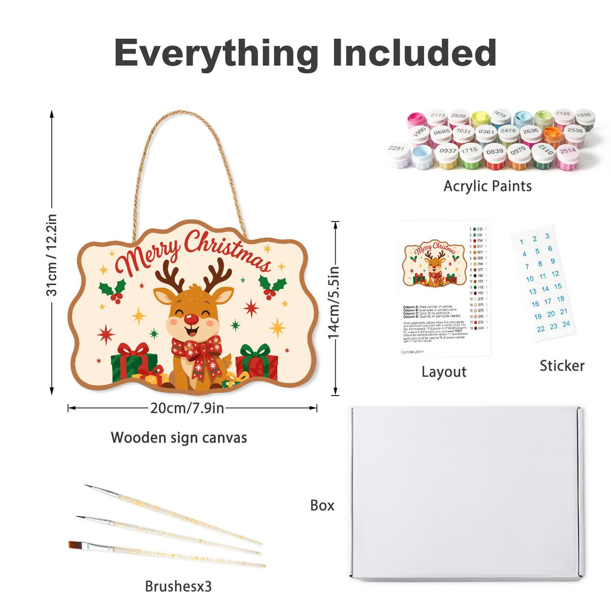 Reindeer with a Big Red Bow paint by numbers hanging sign – what's in the kit: the wooden sign, rope hanger, numbered paints and brushes