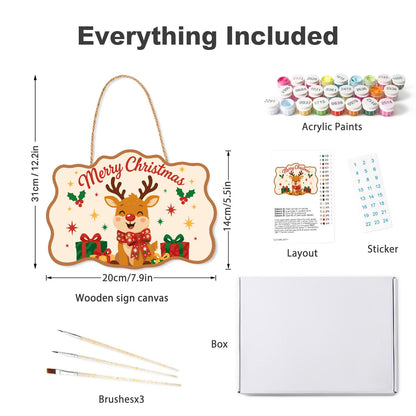 Reindeer with a Big Red Bow paint by numbers hanging sign – what's in the kit: the wooden sign, rope hanger, numbered paints and brushes