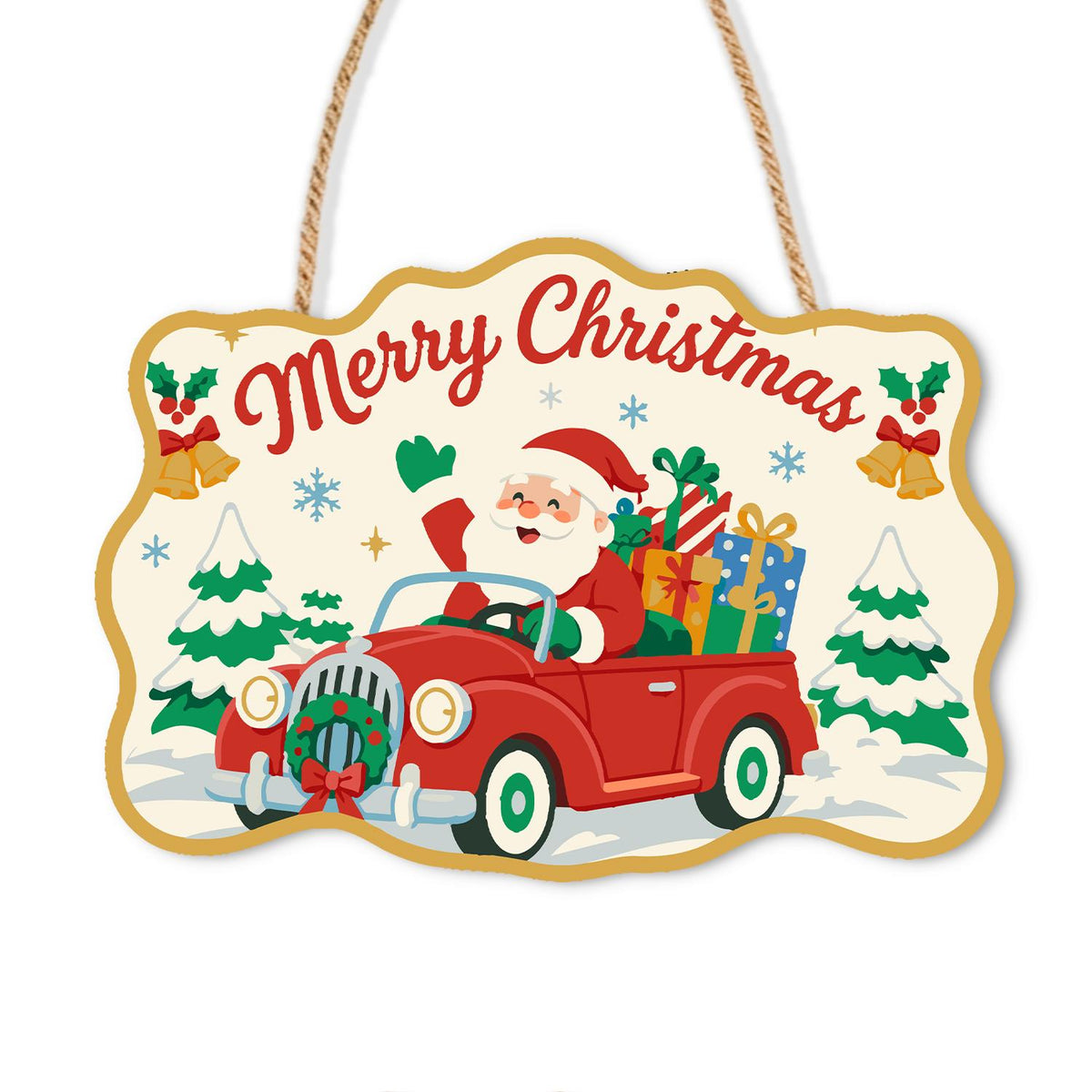 Santa's Vintage Red Roadster paint by numbers hanging sign – Santa waving from a vintage red car piled with gifts and a wreath on the grille, snowy trees and bells, on a wooden sign with a rope hanger
