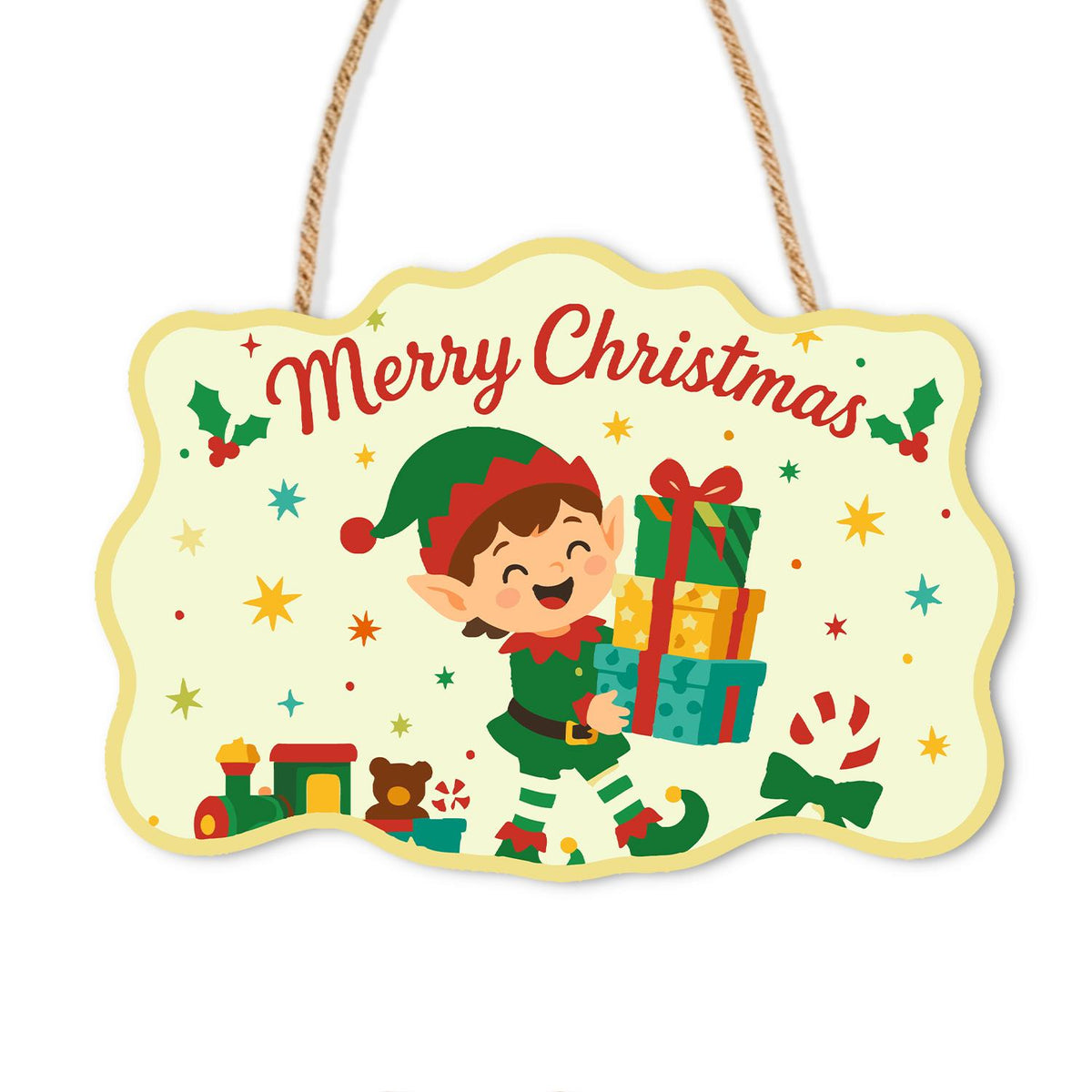 Elf Balancing a Tower of Gifts paint by numbers hanging sign – Elf in green carrying a tall stack of gifts with a toy train and teddy bear below Merry Christmas, on a wooden sign with a rope hanger