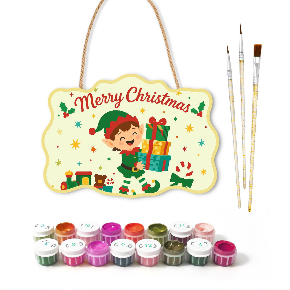 Elf Balancing a Tower of Gifts paint by numbers hanging sign – image 2