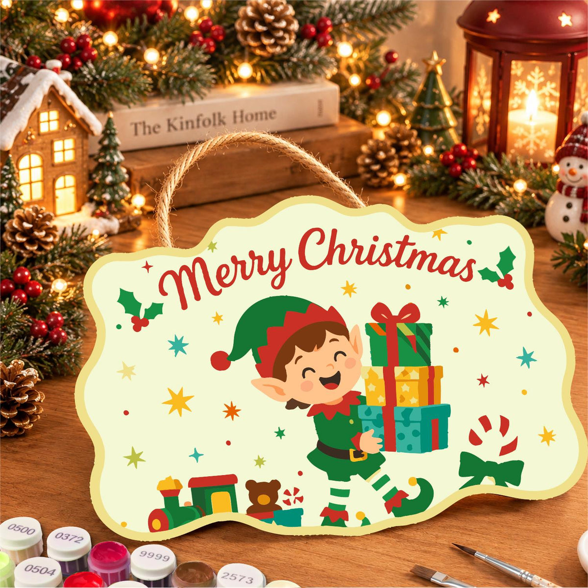 Elf Balancing a Tower of Gifts paint by numbers hanging sign – image 8