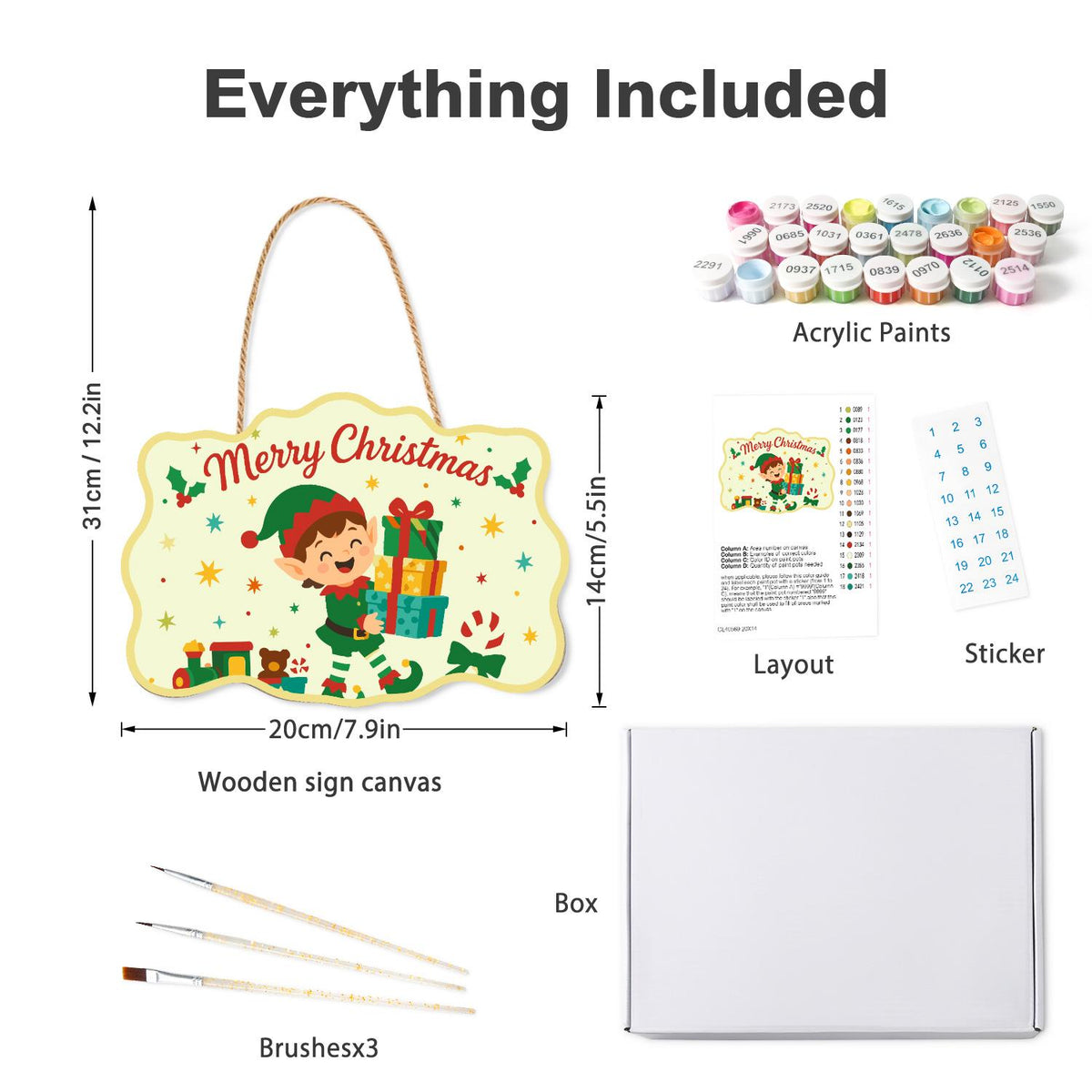 Elf Balancing a Tower of Gifts paint by numbers hanging sign – what's in the kit: the wooden sign, rope hanger, numbered paints and brushes