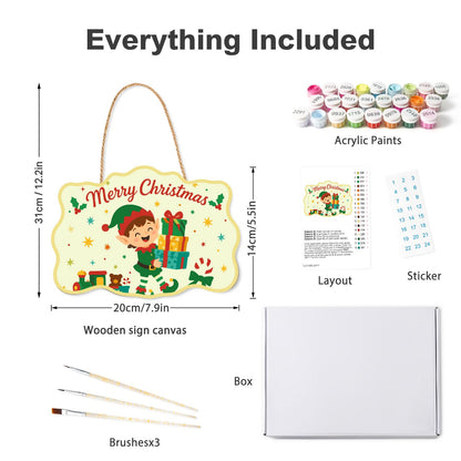Elf Balancing a Tower of Gifts paint by numbers hanging sign – what's in the kit: the wooden sign, rope hanger, numbered paints and brushes