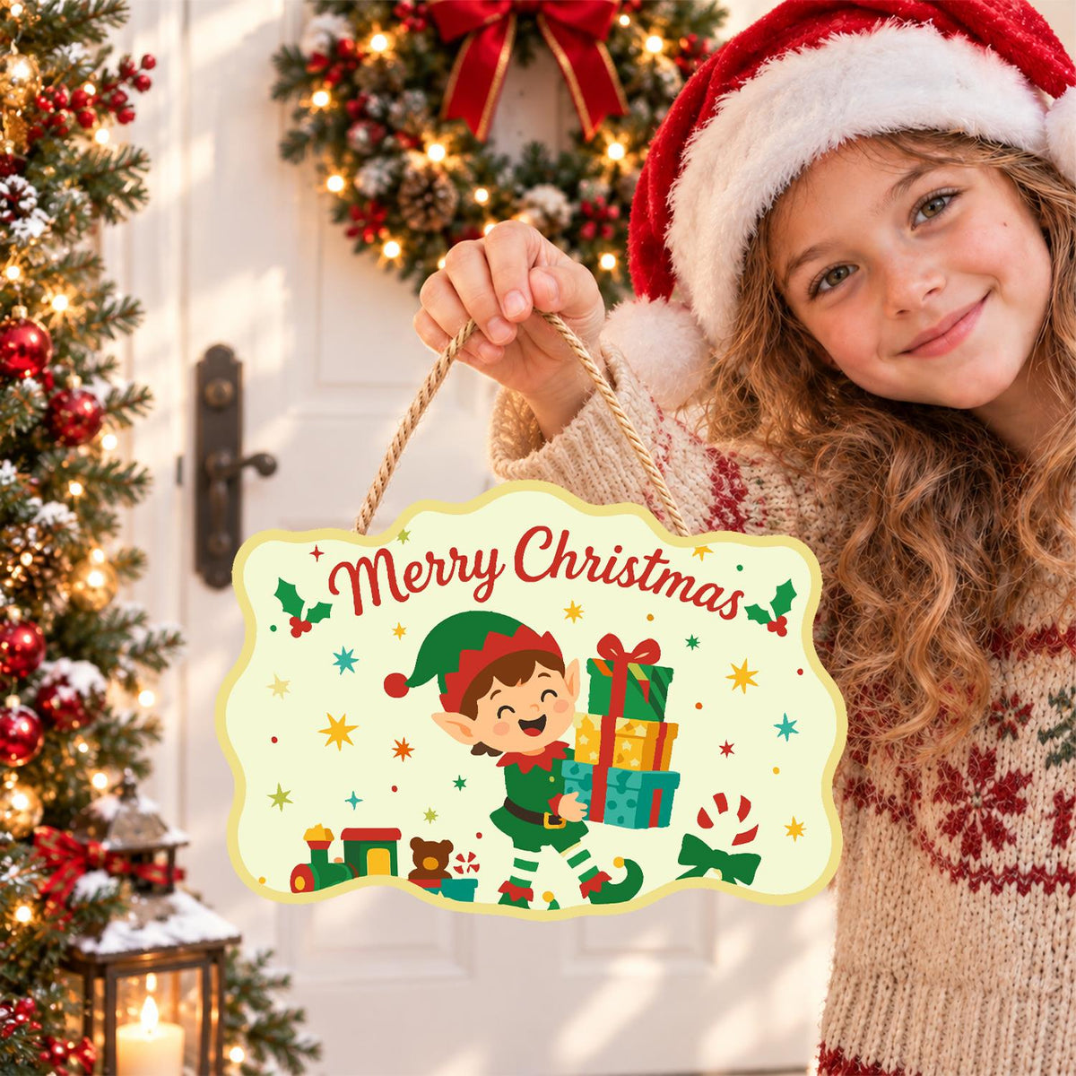 Elf Balancing a Tower of Gifts paint by numbers hanging sign – image 13