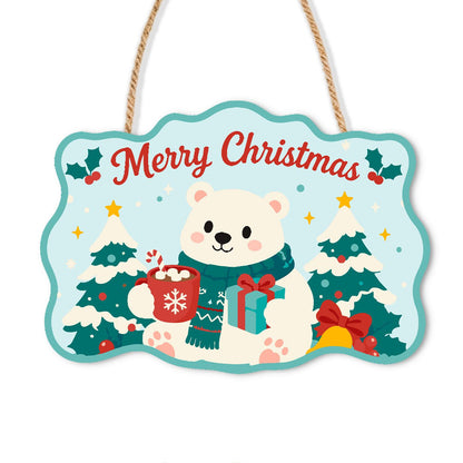 Cocoa Mug Polar Bear in Pines paint by numbers hanging sign – Polar bear in a teal scarf holding a snowflake mug and a gift among snowy pines, with Merry Christmas, on a wooden sign with a rope hanger